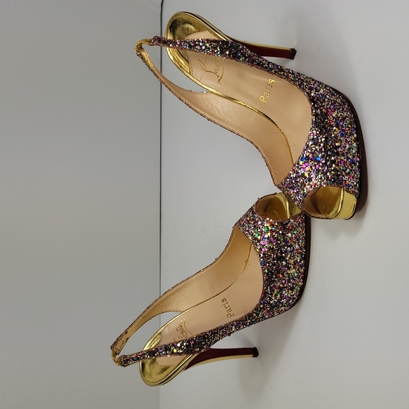CHRISTIAN LOUBOUTIN Gold Glitter N Prive Peep-Toe Slingback 4.5" Heels / Size 38 - Picture 2 of 11